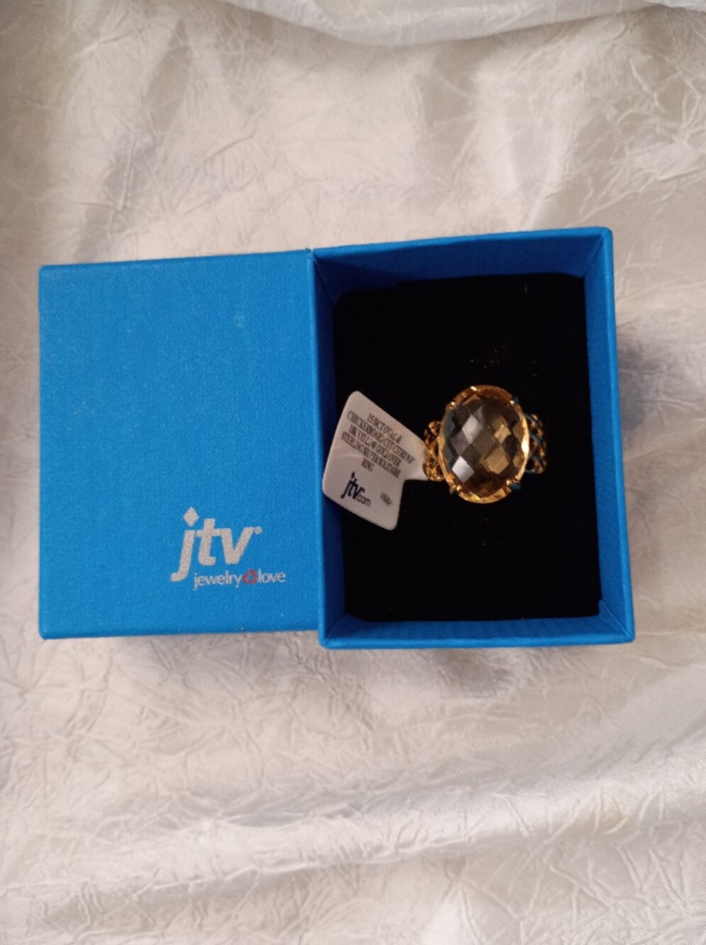 18K Gold Over Sterling 15 Carot Citrine Checkerboard Cut Oval Ring JTV NIB Sz 8